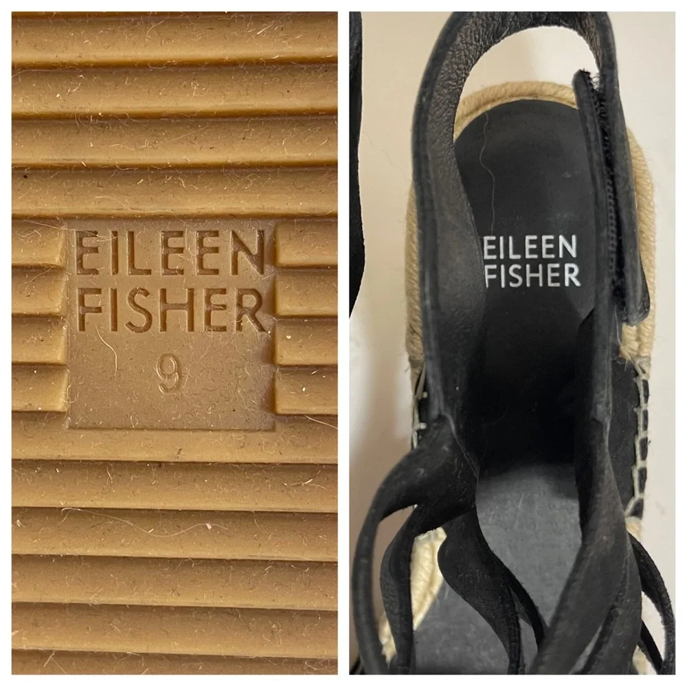 Eileen Fisher LARGO Espadrille Wedge Sandal Women's Black Leather 9 Platform